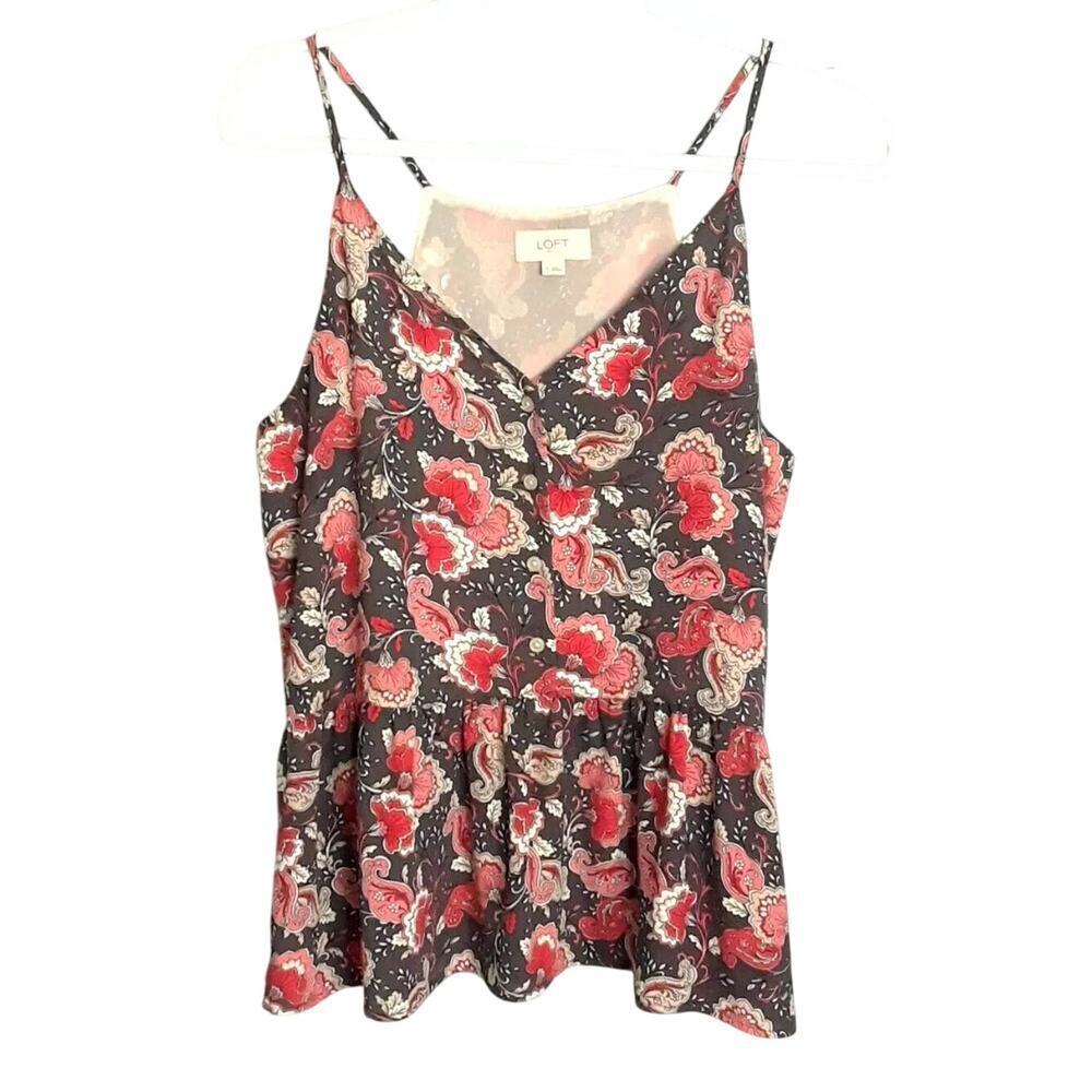LOFT Floral Tank Top Blouse, EUC! Ruffle Flirty Gray Pink SIZE MEDIUM